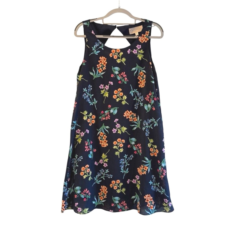 Philosophy Shift Dress Navy Blue Floral Keyhole Back Sleeveless Womens Small